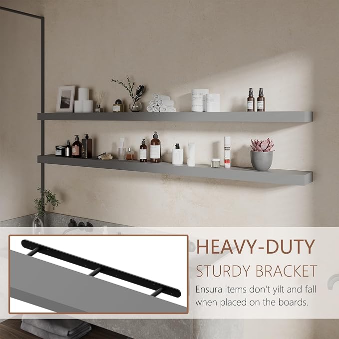 72 inch Long Floating Shelves for Wall,Solid Wood Long Shelves Set of 2,Grey Rustic Wall Mounted Shelves Large Bookshelf (Grey, 72 Inch)