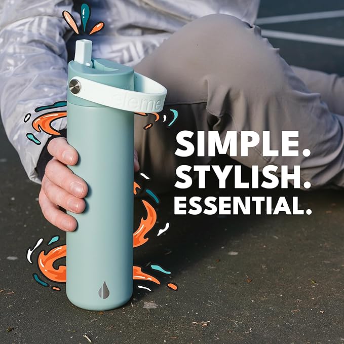 Elemental 24oz Insulated Water Bottle with Straw - 100% Leak-Proof Stainless Steel Core Water Bottles for Travel, Sports and Gym - Double Wall Insulation & BPA Free - Sage