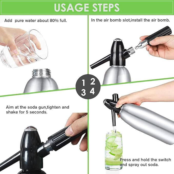 Soda Siphon 1L Premium Sparkling Water Maker - Aluminum Portable Seltzer Machine for Home, Bar, Cocktails, Coffee, Tea,Uses 8g C02 cartridges (Not Included)