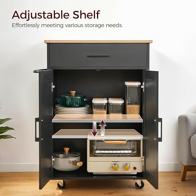 Kitchen Island on Wheels with Drop Leaf, Folding Countertop Kitchen Island Cart, Kitchen Islands Table with Towel Rack, Drawer, for Kitchen, Dining Room, Black and Natural KINB12501