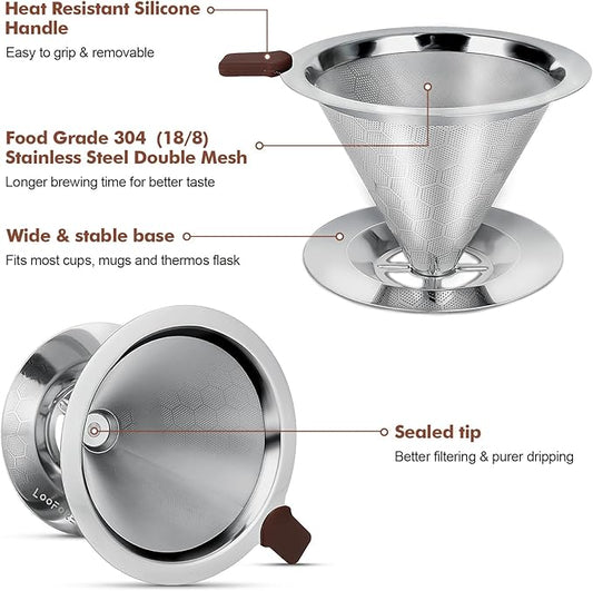 Pour Over Coffee Dripper, LOOFORE Stainless Steel Coffee Filter, Metal Cone Filter Paperless Reusable Coffee Filter Single Cup Coffee Maker 1-2 Cup, with Spoon and Silicone Tray, Cleaning Brush