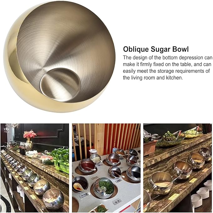 Stainless Steel Sugar Bowl, Golden Sugar Cube Holder Brushed Metal Oblique Sugar Bowl Large Spherical Condiment Container for Restaurant Home Kitchen Party(L)