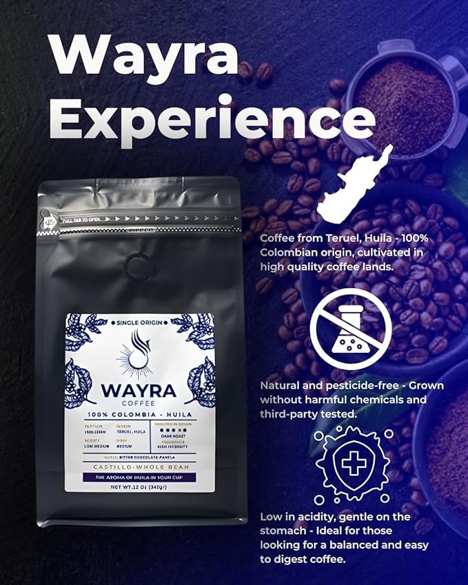 Wayra Whole Bean Colombian Coffee - Dark Roast - Castillo 100% Arabica Fresh Colombian Coffee - Huila Single Origin - Direct Trade - Low Medium Acid - Flavor Notes of Dark Chocolate, Panela and Walnuts Net Wt. 12 Oz (340 gr) Resealable Bag - Pour Over,...