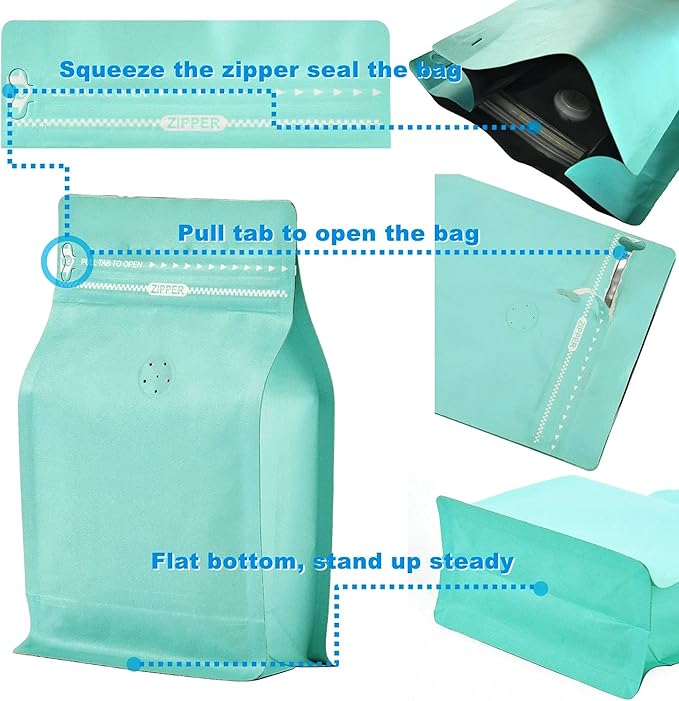 50 Count 16 Ounce Green Blue Kraft Paper Coffee Bags with Air Release Valve, High Barrier Coffee Pouches for Home, Store, Flat Bottom (50pcs/16oz, 1lb, 500g)