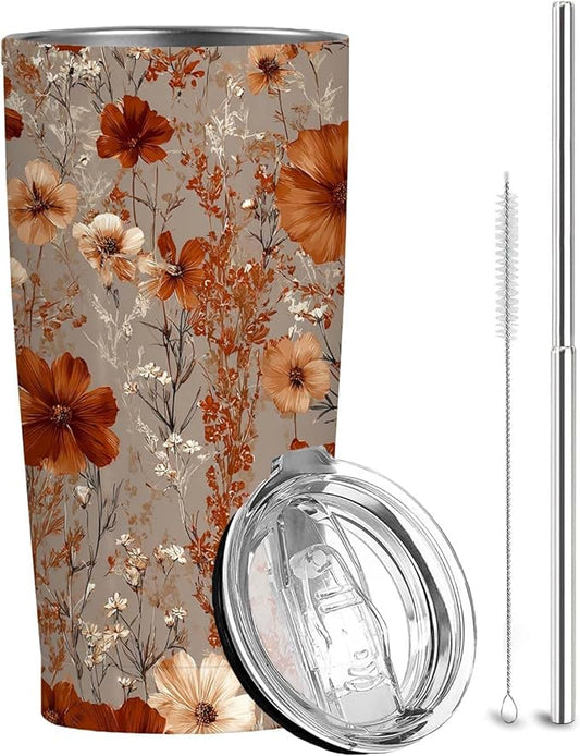 Retro Flower Tumbler 20 oz | Travel Coffee Mug with Lid and Straw | Stainless Steel Tea Cup for Men and Women | Office and Home Drinkware | Floral Christmas or Birthday Gifts