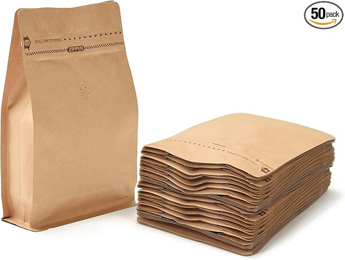 Resealable Side Zipper Coffee Bags with Degassing Valve, High Barrier Natural Kraft Coffee Pouches with Aluminum Foil Liner, Ziplock Food Storage Bags, Longer Shelf Life (50, 8oz/0.5lb)
