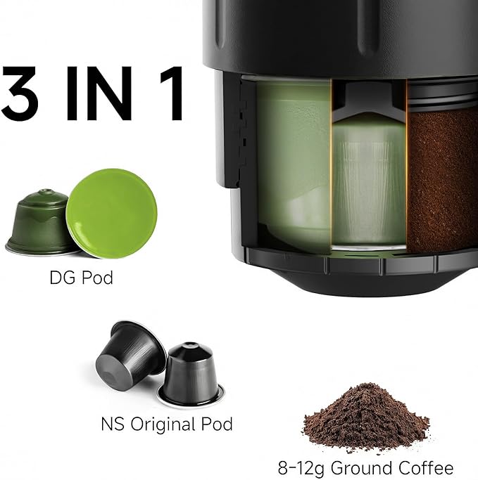 HIBREW H4C Explorer - Portable Electric Espresso Maker, USB-C Rechargeable for Coffee Pods & Ground Coffee, Compact for Home and Travel, with Foldable Holder & Carrying Case (Black)