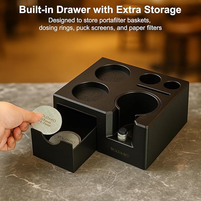 Espresso Tamping Station - 7 in 1 Espresso Coffee Organizer Box Fits for Storage 51/54/58MM Espresso Tamper, Distributor, Portafilter and Puck Screen Accessories, Plastic Tamp Station, Black