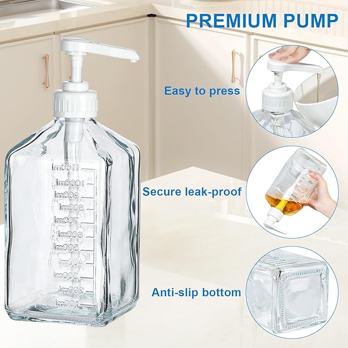 Uceoo Coffee Syrup Dispenser, Glass Syrup Bottle With Plastic Pump, 37 Oz Large Capacity Square Syrup Pump Dispensers for Coffee Bar, Simple Clear Pump Bottle for Honey, Condiments, Salad Dressings