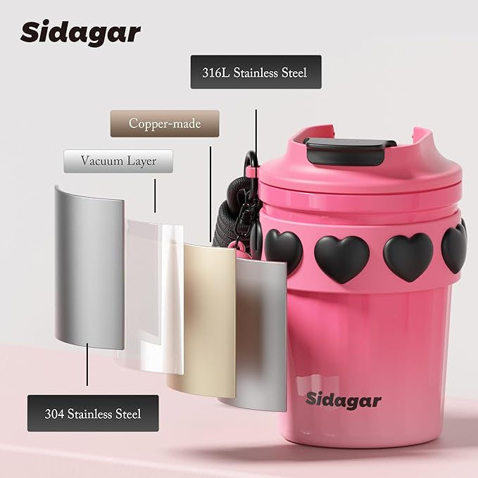 12 oz Travel Coffee Mug Spill Proof Leak Proof, Stainless Steel Thermal Coffee Cup with Lid, Resuable Cup for Hot and Cold, Portable Tumbler for Women, Pink