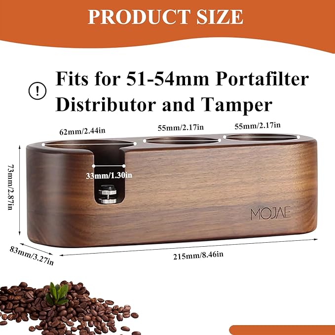 MOJAE Espresso Tamping Station, 3in1 Tamper Station, Wooden Espresso Tamper Holder, Portafilter Holder with Anti Slip Bottom, 3 Holes for Coffee Tamper,Distributor and Portafilter (Walnut, 51-54mm)