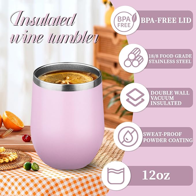 12oz Stemless Wine Tumbler with Lid Double Wall Insulated Wine Cup Stainless Steel Glasses Tumbler with Straw Insulated cocktail Tumbler Coffee Mug for Hot and Cold Beverages (Multicolor-2,4Pack)