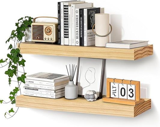 Floating Wall Shelves 24x6.8x1.7 Inch – Solid Wood Rustic Shelves in Natural Wood Finish – Wall Mounted Display Shelf for Bathroom, Kitchen, Bedroom – Set of 2