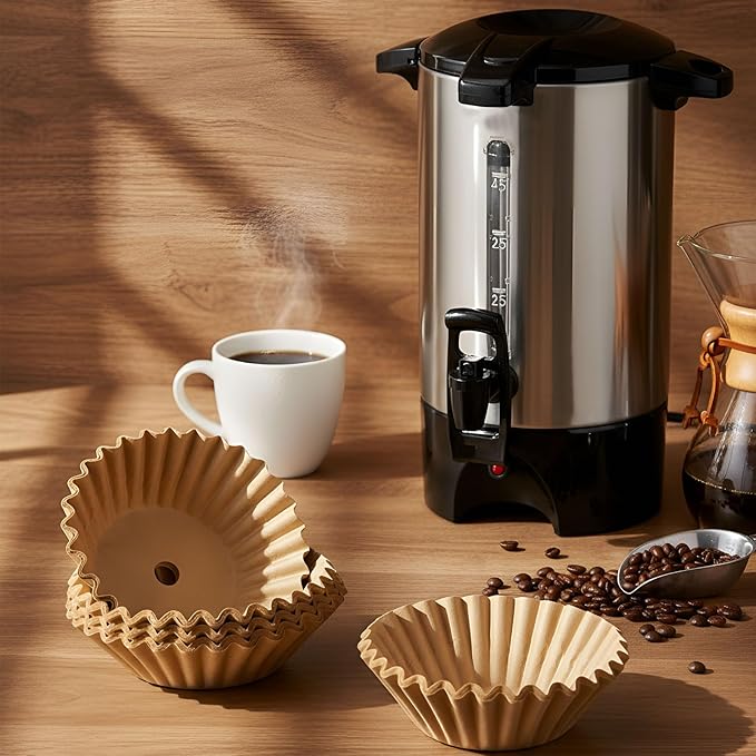 Feifeiya 100 Pcs Pre-punched Holes Coffee Filters for 30cup 45cup 100 Cup Coffee Urn Brewing Basket & Hot Beverage Dispenser Disposable Natural Wood Pulp Paper Filters with Tall-sided Design(Brown)