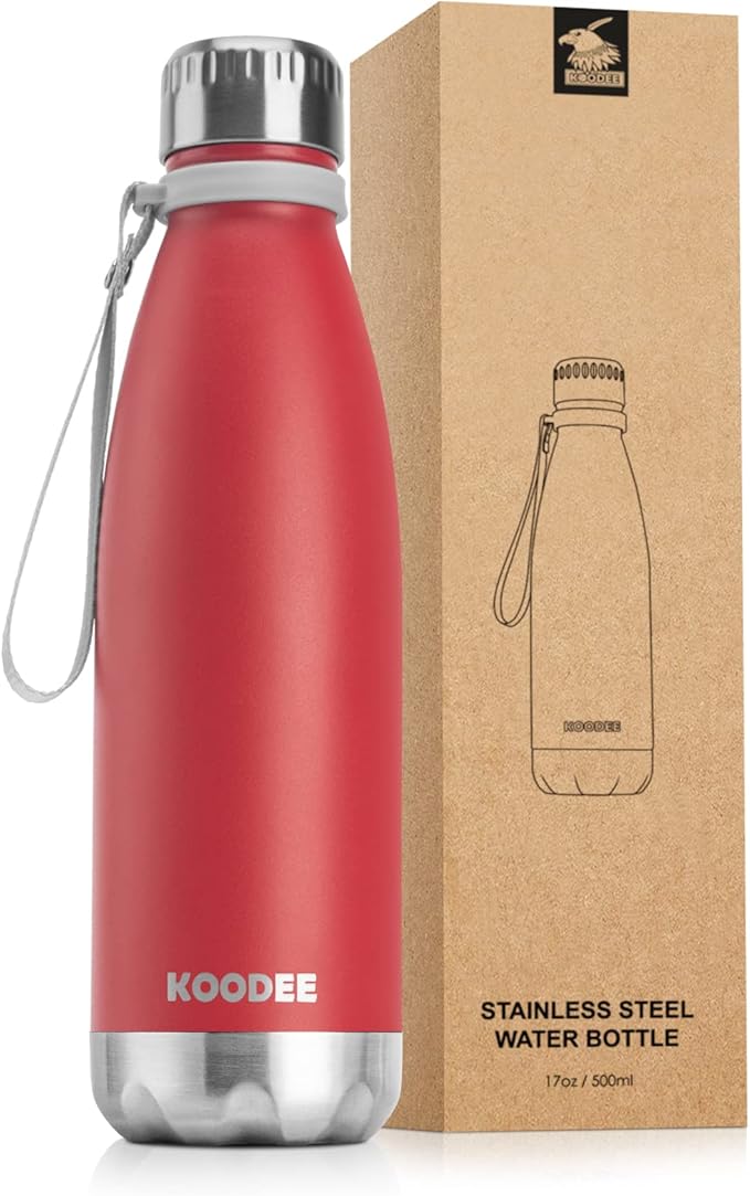 koodee 17 oz Stainless Steel Water Bottle-Double Wall Vacuum Insulated Sports Water Bottle for Girls，Cola Shape Leak Proof Sports Flask (Canyon Red)
