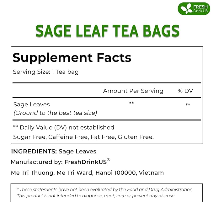 FreshDrinkUS, Premium 15 Sage Leaf Tea Bags, 100% Natural & Pure from Sage Leaves. Loose Leaf Herbal Tea. Made with Natural Material Tea Bags. No Sugar, No Caffeine, No Gluten, Vegan.