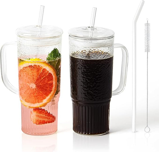 Glass Cups with Lids and Straws,24oz Glass Tumbler with Handle Iced Coffee Cup for Coffee,Juice,Tea,Milk,Smoothie,Hot & Cold Drinks (Clear)