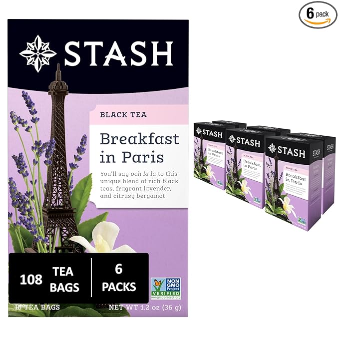 Stash Tea Breakfast In Paris Black Tea - Caffeinated, Non-GMO Project Verified Premium Tea with No Artificial Ingredients, 18 Count (Pack of 6) - 108 Bags Total