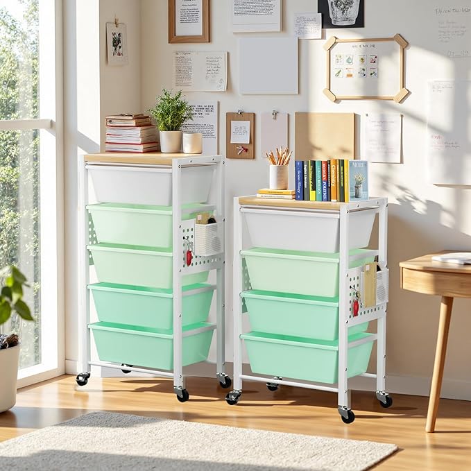 Rolling Cart with 3 Drawers, Plastic Drawer Storage Carts with Lockable Wheels & Wooden Tabletop, Metal Utility Cart Organizer, Office Bedroom Classroom Craft Organization and Storage, Bright Green