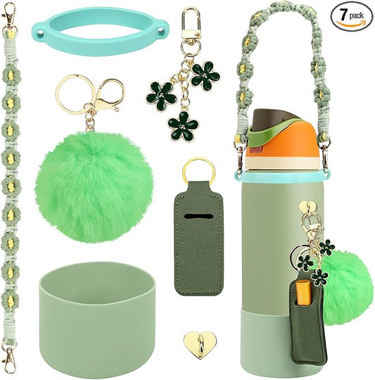 Compatible for Owala Accessories Bundle: Silicone Boot for 24oz & 32oz Bottles, Charms, Handle,Strap, Rubber Bottoms, and Decorative Add-ons for Your Compatible for Owala Water Bottle, Camo Cool