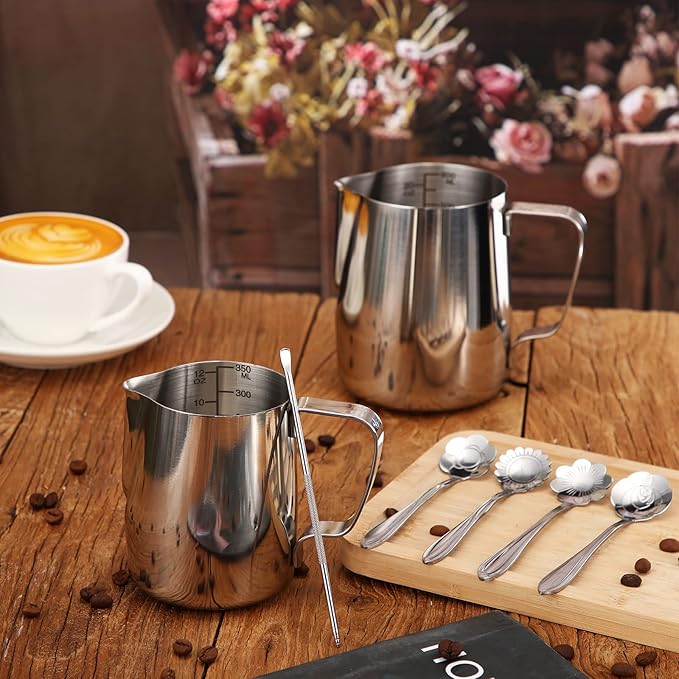 Irenare 2 Pcs Milk Frothing Pitcher 12 Oz and 20 Oz Stainless Steel Milk Frother Cup with 4 Floral Dessert Coffee Spoons 2 Decorating Art Pens Espresso Accessories Set for Kitchen Cafe Bar(Silver)