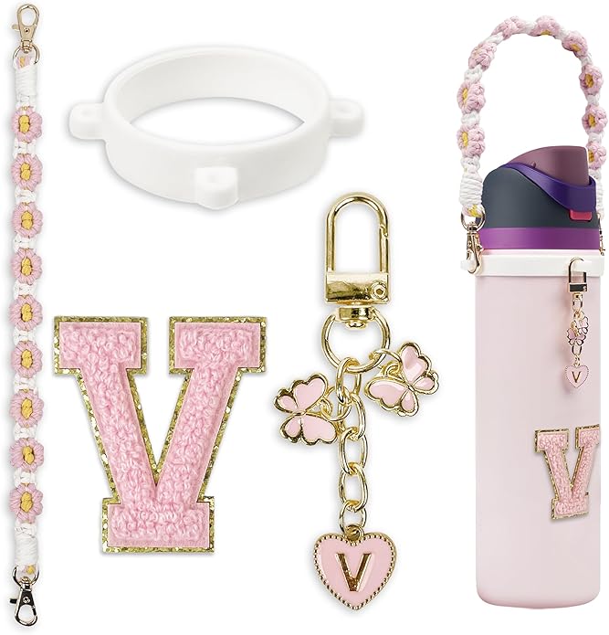 Compatible with Owala Water Bottle Accessories, Cute Letter Charm Set with Boho Handle Strap, Monogram Sticker, Silicone Ring, Keychain Decoration, for FreeSip 24 32 40oz, Owala Kids, Tumbler Gift