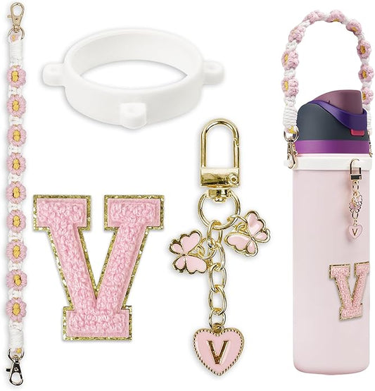 Compatible with Owala Water Bottle Accessories, Cute Letter Charm Set with Boho Handle Strap, Monogram Sticker, Silicone Ring, Keychain Decoration, for FreeSip 24 32 40oz, Owala Kids, Tumbler Gift