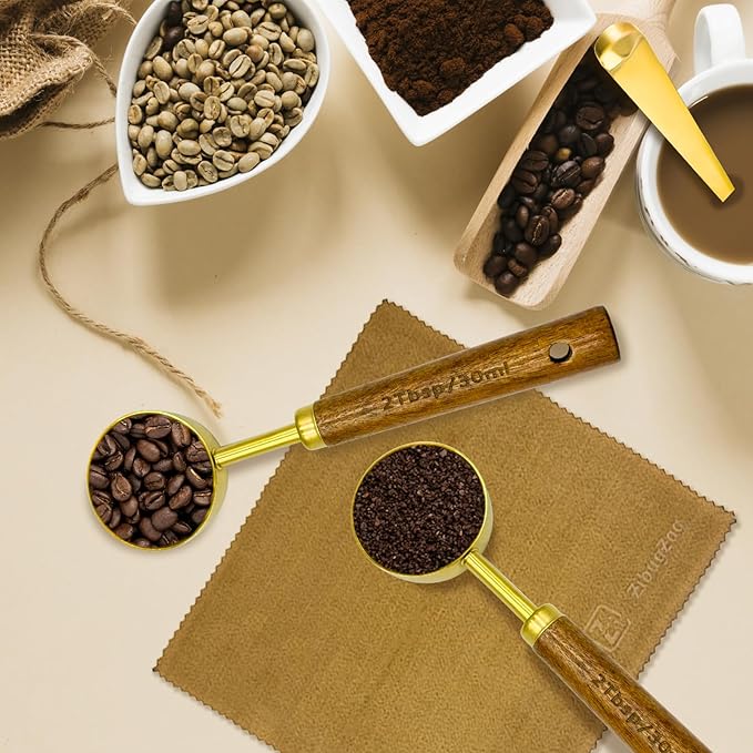 Gold Coffee Scoop with Wooden Handle, 2 Tablespoon / 30 ml, 304 Stainless Steel Measuring Spoon for Ground Coffee, Espresso, Tea, Protein Powder, Spices (6 Pack Set)
