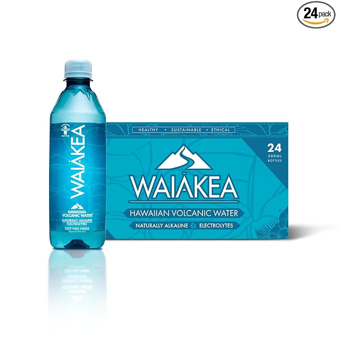 Waiākea - Hawaiian Volcanic Water - Naturally Alkaline Water - pH Range 7.6 to 8.2 - All Natural Minerals & Electrolytes - 100% Recycled Water Bottles - Bottled Water 24 Pack - 16.9 Fl Oz, 500 mL