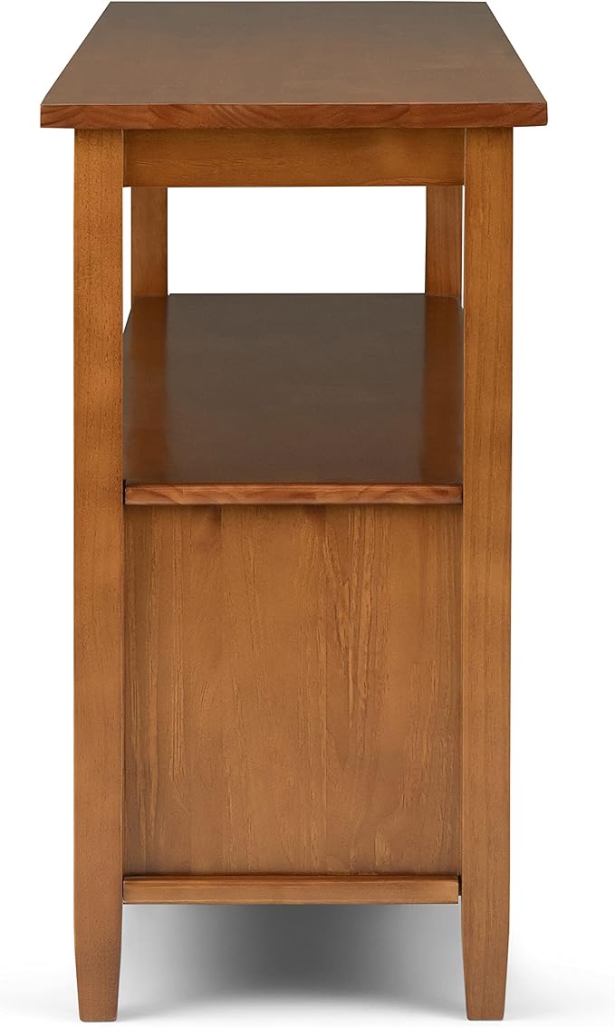 SIMPLIHOME Warm Shaker Wide Console Table - 60 Inch Wide Solid Wood Sofa Table in Light Golden Brown, Transitional Storage Table for Living Room with 4 Drawers, Open Shelf, and Brushed Nickel Knobs
