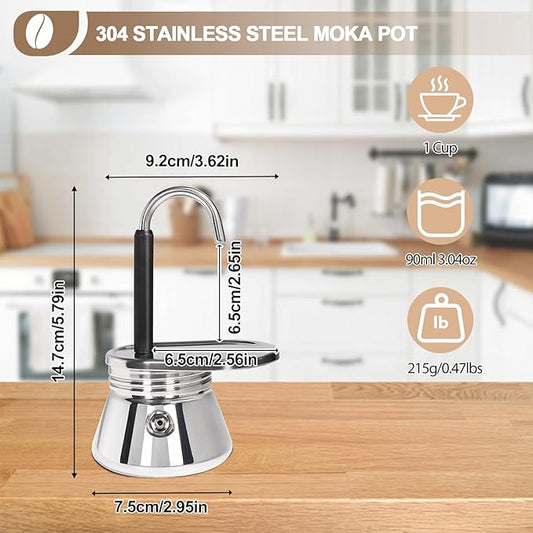 Uncoated 1 Cup Single Tube Moka Pot 304 Thickened Stainless Steel Mini Coffee Maker Stovetop Espresso Coffeemaker Italian Classic Style Brewing Greca Cafe Mocha for Camping Travel Home 90ml