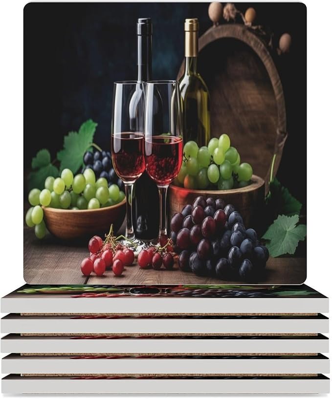 Square-6PCS Red Wine Ceramic Coasters, Square Absorbent Drink Coasters, Retro Wood Style Red Wine Bottle and Grapes Plant Pattern Ceramic Table Coasters for Coffee, Beverage, Wine, Beer Coasters