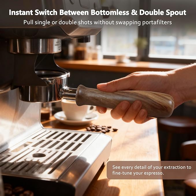 Espresso Accessories, 54mm Bottomless Portafilter with Detachable Double Spout, 18g Convex Filter Basket, 3-Ear Design, Walnut Wood Handle, Compatible with Breville 54mm Espresso Machines