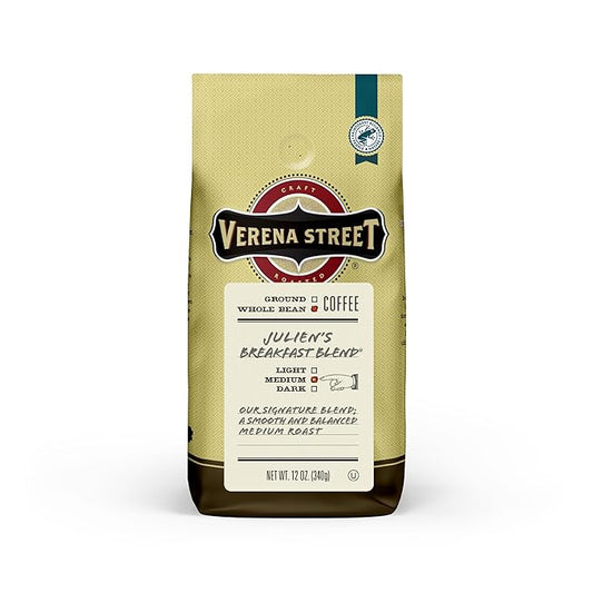 Verena Street 12 Ounce Whole Bean Coffee, Medium Roast, Julien's Breakfast Blend, Rainforest Alliance Certified Arabica Coffee