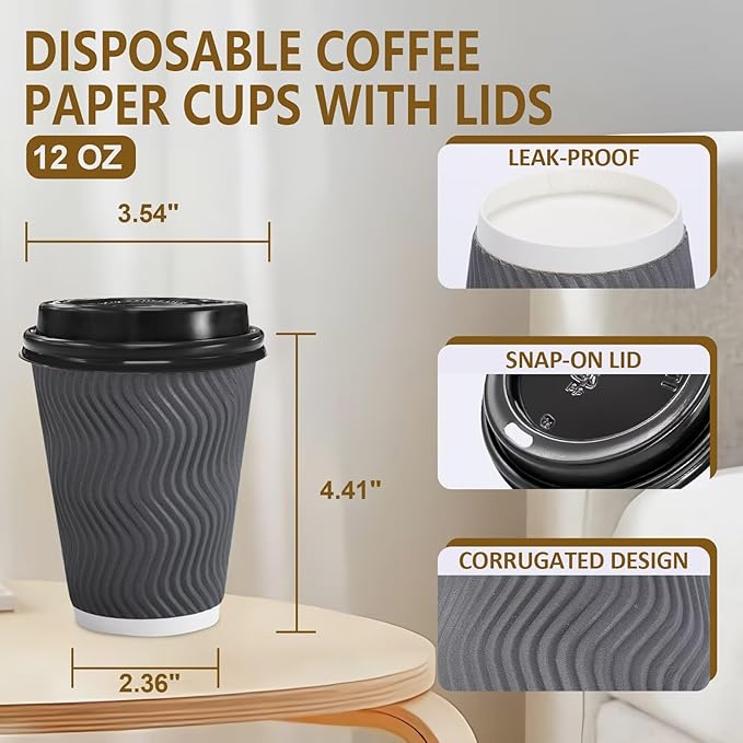 Clawsoff 100 Pack 12 oz Disposable Coffee Cups with Lids, Insulated Ripple Wall To-Go Paper Coffee Cups Suitable for Chocolate Cocoa and Hot/Cold Drinks (Grey)