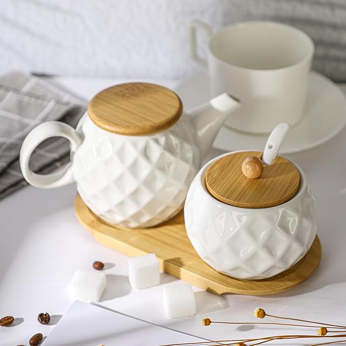 Ceramic Creamer and Sugar Sets,12oz Cream Pitcher, 7.5oz Sugar Bowl with Tray, Spoon and Lid for Cream and Sugar Spices, Condiments, Coffee Accessories,Tea