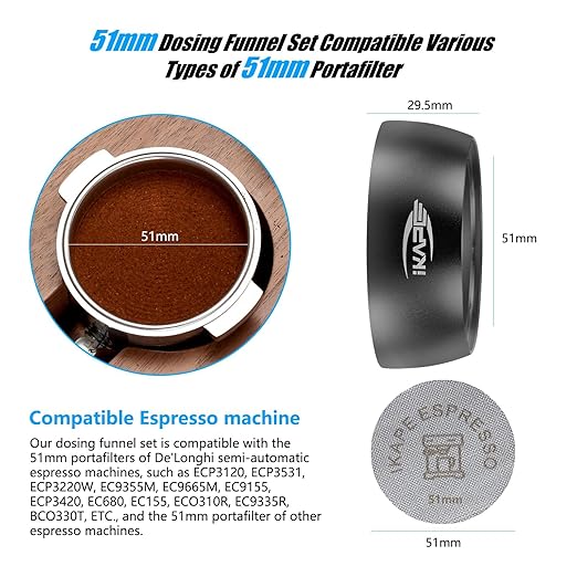 IKAPE Magnetic Dosing Funnel Set, 51MM Espresso Dosing Ring & Puck Screen Kit Compatible with 51 mm Bottomless Portafilter - with 10 Small Magnet (Black)