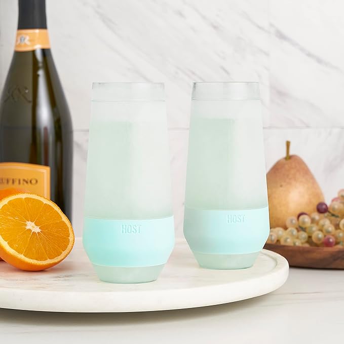 HOST Champagne Freeze Double-Walled Stemless Wine Glasses Freezer Cooling Cups with Active Cooling Gel and Insulated Silicone Grip - 9 Oz Plastic Tumblers, Seafoam Tint, Set of 2