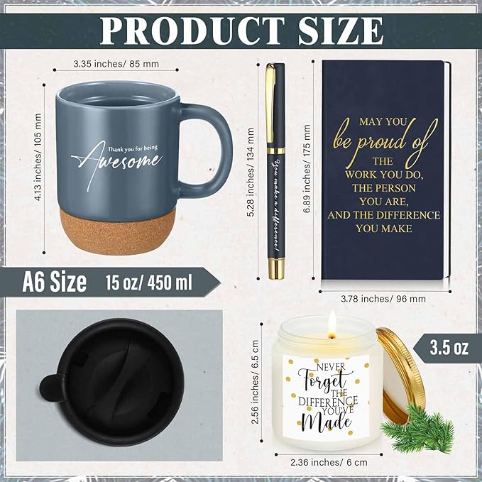 4 Pcs Thank You Gift Set for Men Women Employee Coworker Gifts Inspirational Appreciation Notebook Coffee Mug Scented Candle Pen for Valentine's Day Team Office Staff Teacher Volunteer