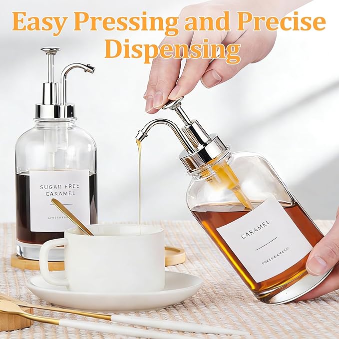Coffee Syrup Dispenser Coffee Bar Accessories 16.9 oz Syrup Dispenser with Labels, Syrup Pump Dispenser for Coffee Bar(Silver Pump)