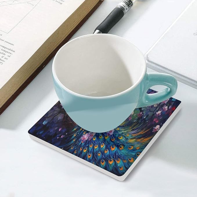 Square-4PCS Peacock Ceramic Coasters, Square Absorbent Drink Coasters, Vintage Watercolor Style Floral Beautiful Blue Peacock Ceramic Table Coasters for Coffee, Beverage, Wine, Beer Coasters