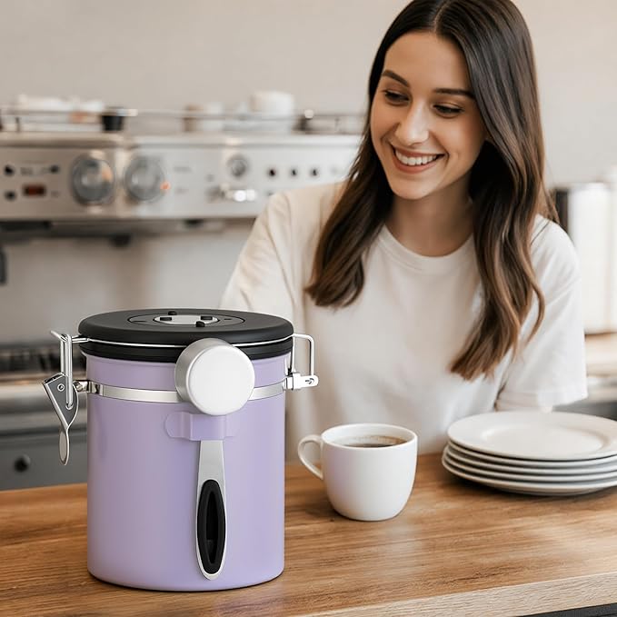 ShanSon Coffee Canister Airtight Coffee Container Stainless Steel Coffee Bean Storage Container with Scoop Coffee Canister for Beans Grounds Sugar Flour Tea Cereal,11OZ, Purple