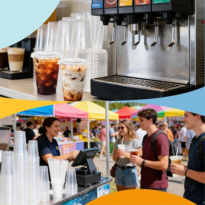 Coolcap 16 oz 100 Pack Disposable Clear Plastic Cups with Lids and Straws, Food Safe Bulk Iced Coffee Cups for Smoothies, Milkshakes and Other Cold Drinks