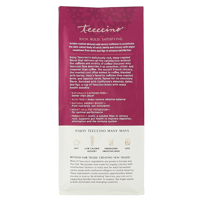 Teeccino Raspberry Mocha Chicory Coffee Alternative - 11 Ounce - Ground Herbal Coffee That’s Prebiotic, Caffeine Free & Acid Free, Dark Roast
