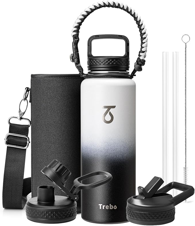 Trebo Water Bottle 40oz with Paracord Handle, Half Gallon Large Vacuum Double Wall Stainless Steel Insulated Water Jug with Holder Strap Straw Spout Lids, Leakproof Keep Cold & Hot,Black and white
