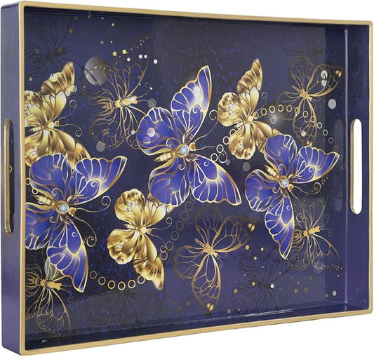 MAONAME Rectangular Decorative Tray, Butterfly Plastic Serving Tray with Handles, Modern Blue Trays for Ottoman, Coffee Table Trays for Living Room, Home Decor, 15.8" x 11.8" x 1.6"