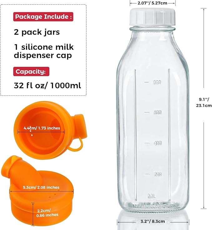 32 oz Reusable Glass Milk Bottles with Silicone Dispenser Cap, 2 Pack Glass Jars with Airtight Screw Lid, Leak Proof Juice Bottles with Scale Mark Breastmilk Storage Container for Fridge