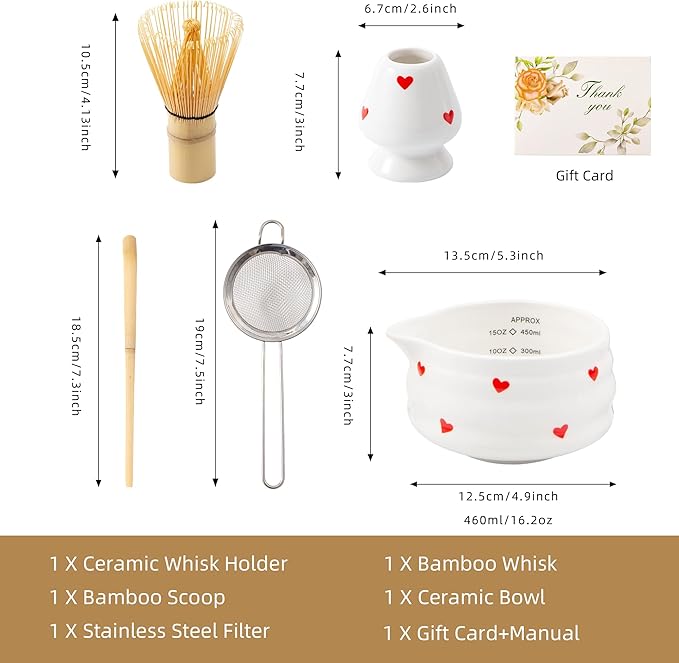 5pcs Premium Matcha Set,Ceramic Bowl with Spout and Bamboo Whisk set, Ceremonical Matcha Kit for breakfast/latte,Tea Starter Making Kit,Unique Matcha Gift set (love)