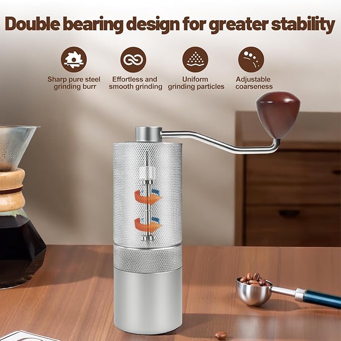 Manual Coffee Grinder Detachable Stainless Steel Conical Burr Aluminum Coffee Bean Grinder with 25 Grinding Settings Cleaning Brush Grindable Espresso Moka Pot French Press for Camping Silver