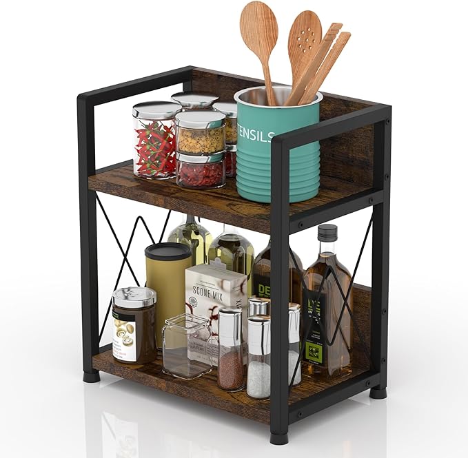 Aduanbang Coffee Bar Accessories Organizer, 2 Tier Wooden Kitchen Counter Shelf, Coffee Organizer Station for Countertop, Condiment Rack for Mugs, Cups, Cream, Syrup